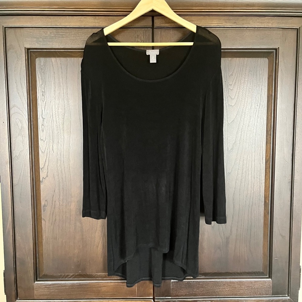Travelers by CHICO'S Tunic Top Size 2 Large Black 3/4 Sleeve Stretch Made in USA